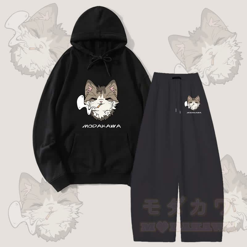 MODAKAWA Smoking Cat Grafik-Hoodie, weite Hose, zweiteiliges Set - Schwarz - 5XL - image 7