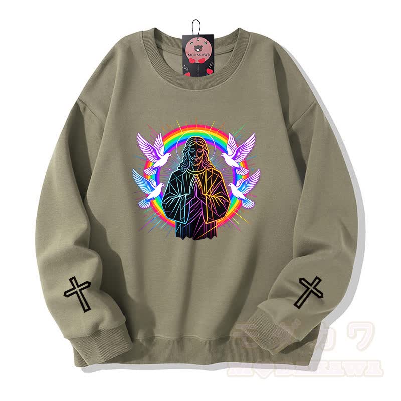 Modakawa Sweatshirt mit Gebetstauben-Kreuz-Grafik - Hellkhaki - 5XL - image 6