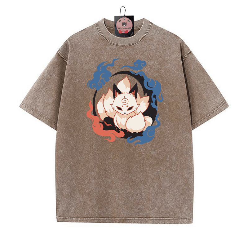 Mystischer neunschwänziger Fuchs Grafik Unisex Vintage Washed T-Shirt - Braun - 5XL - image 3