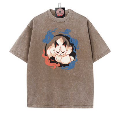 Mystischer neunschwänziger Fuchs Grafik Unisex Vintage Washed T-Shirt - Braun - 5XL - image 3