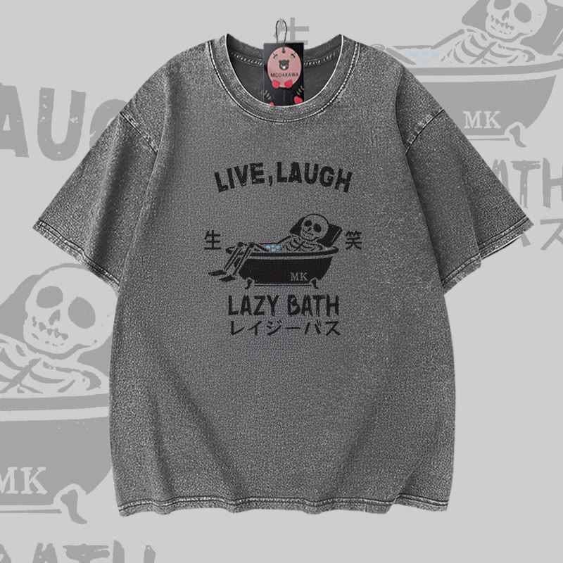 LIVE LAUGH LAZY BATH Skelett-Grafik Modakawa Vintage Washed 100% Cotton T-Shirt - Grey - 5XL - image 4