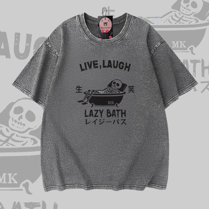 LIVE LAUGH LAZY BATH Skelett-Grafik Modakawa Vintage Washed 100% Cotton T-Shirt - Grey - 5XL - image 4