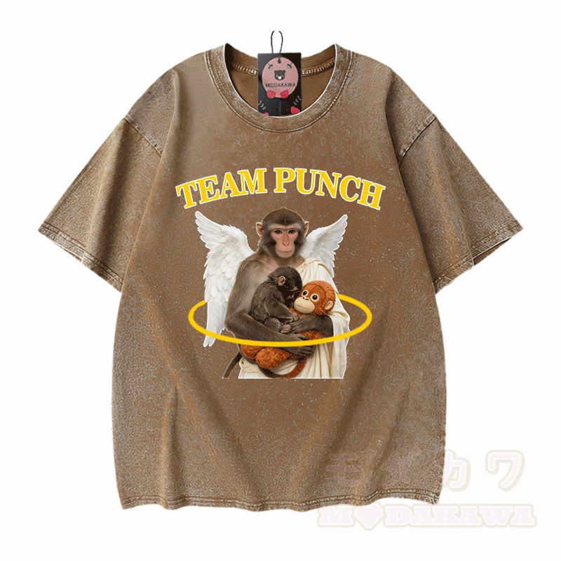TEAM PUNCH Angel Monkey Graphic Modakawa Unisex Vintage Washed T-Shirt - Braun - 5XL - image 9
