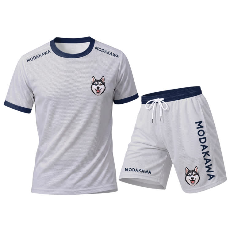 Sport-T-Shirt mit Husky-Motiv, Shorts mit Kordelzug, Modakawa-Partnerlook - White Set - 5XL - image 15