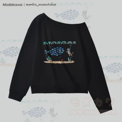 MODAKAWA X sumita_masataka Schulterfreies Sweatshirt mit tauchender Katzengrafik - Schwarz - L - image 4