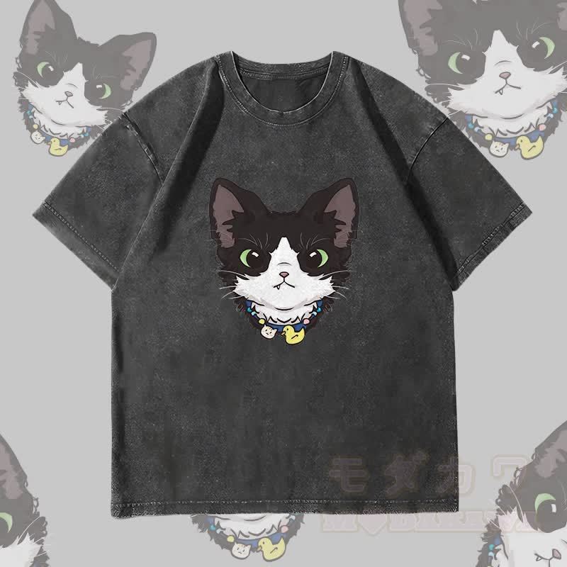 MODAKAWA Unisex-T-Shirt mit niedlichem Katzenmotiv im Vintage-Stil - Schwarz - 4XL - image 4