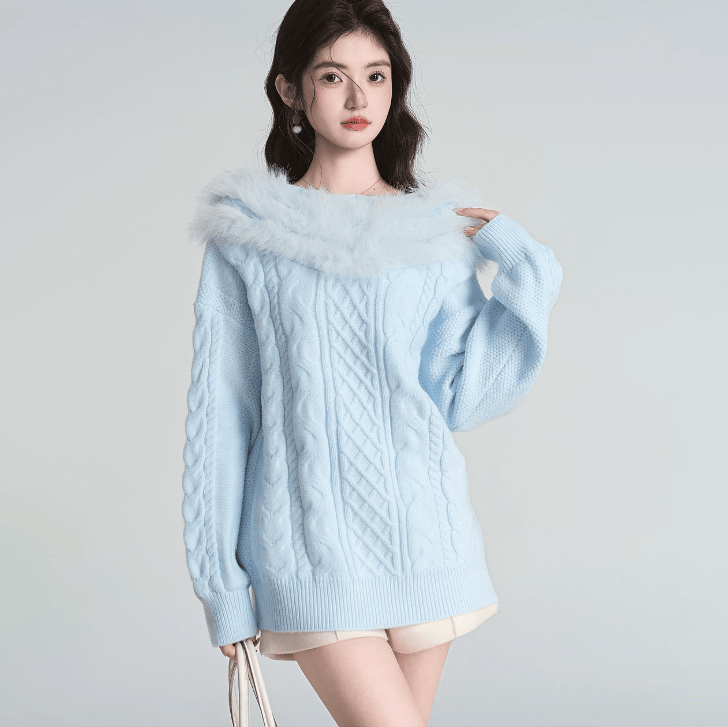 Strickpullover mit schulterfreiem Kragen aus Kunstpelz - image 3