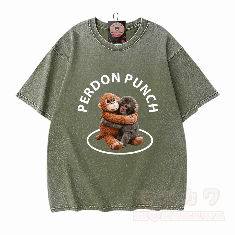 PERDON PUNCH Umarmungsaffen-Grafik Modakawa Unisex Vintage Washed T-Shirt - Grün - 5XL - image 6