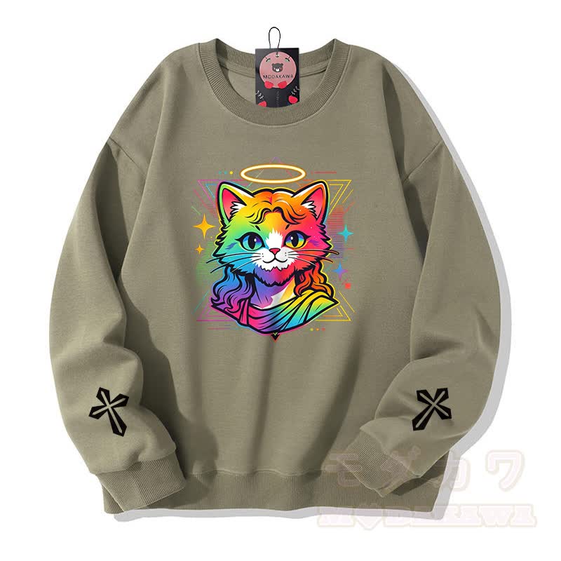 Modakawa Sweatshirt mit Regenbogen-Engel-Katzenkreuz-Grafik - Hellkhaki - 5XL - image 6