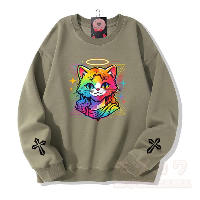 Modakawa Sweatshirt mit Regenbogen-Engel-Katzenkreuz-Grafik - Hellkhaki - 5XL - image 6