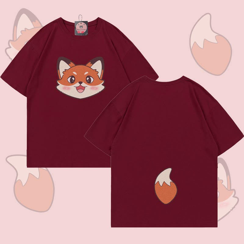 MODAKAWA Fuchskopf- und Schwanzgrafik-T-Shirt - Wine Red - 5XL - image 2