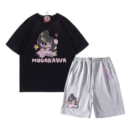 Unhappy Bunny Grafik Dunkle Ästhetik T-Shirt Shorts Zweiteiliges Set - Schwarz&Grau - A - 5XL - image 16