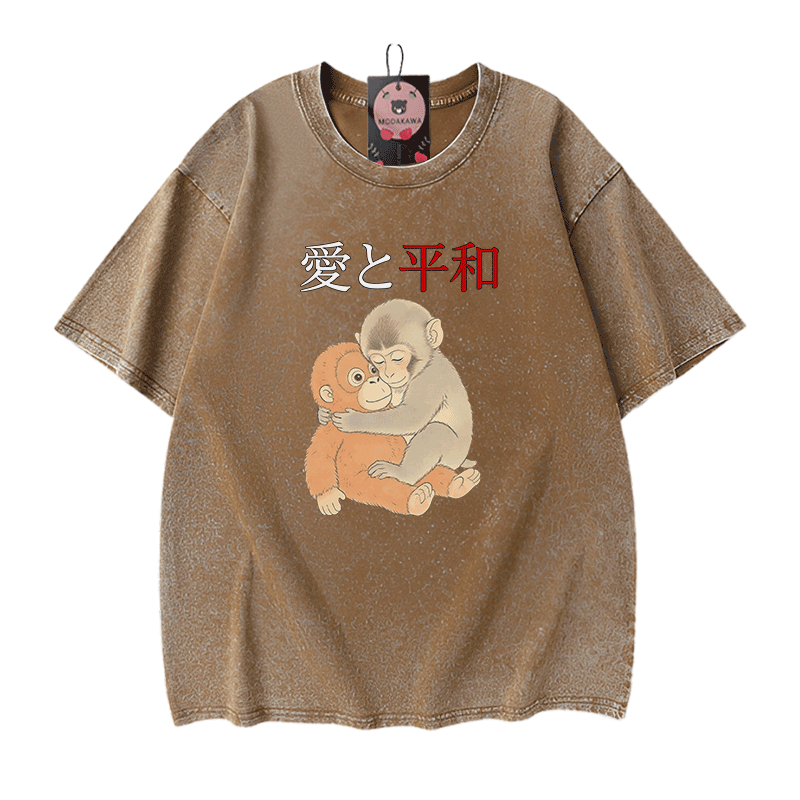 Peace Love Hugging PUNCH Monkey Graphic Modakawa Vintage Washed 100% Cotton T-Shirt - Brown - 5XL - image 7