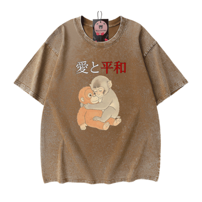 Peace Love Hugging PUNCH Monkey Graphic Modakawa Vintage Washed 100% Cotton T-Shirt - Brown - 5XL - image 7