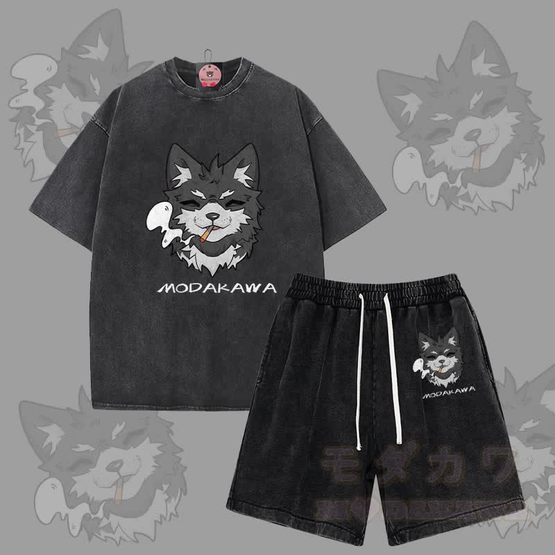 MODAKAWA Smoking Puppy Grafik Vintage Washed T-Shirt Shorts Zweiteiliges Set - Schwarz - 3XL - image 5