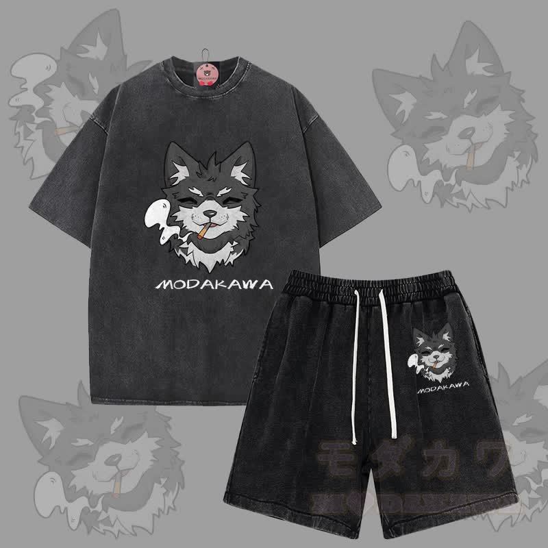MODAKAWA Smoking Puppy Grafik Vintage Washed T-Shirt Shorts Zweiteiliges Set - Schwarz - 3XL - image 5