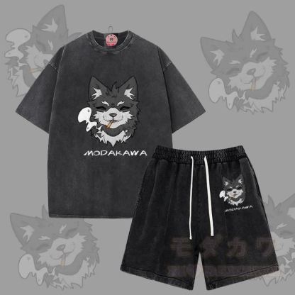 MODAKAWA Smoking Puppy Grafik Vintage Washed T-Shirt Shorts Zweiteiliges Set - Schwarz - 3XL - image 5