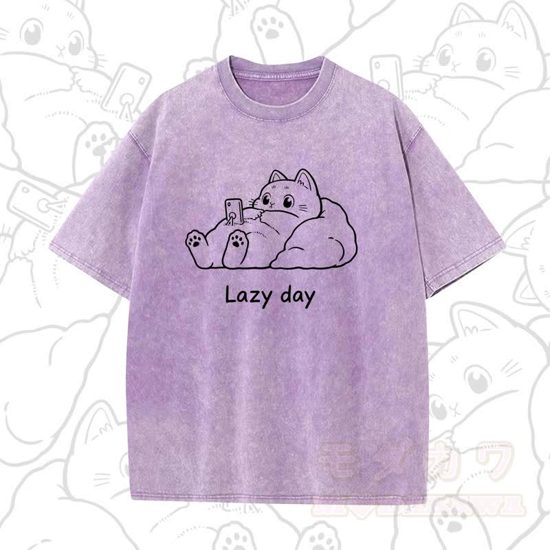 MODAKAWA LAZY DAY Kurzarm-T-Shirt mit niedlichem Katzenprint - Lila A - 5XL - image 14