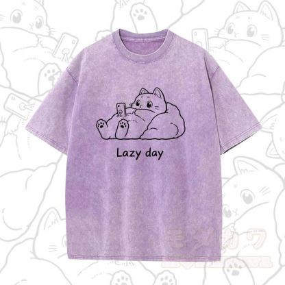 MODAKAWA LAZY DAY Kurzarm-T-Shirt mit niedlichem Katzenprint - Lila A - 5XL - image 14