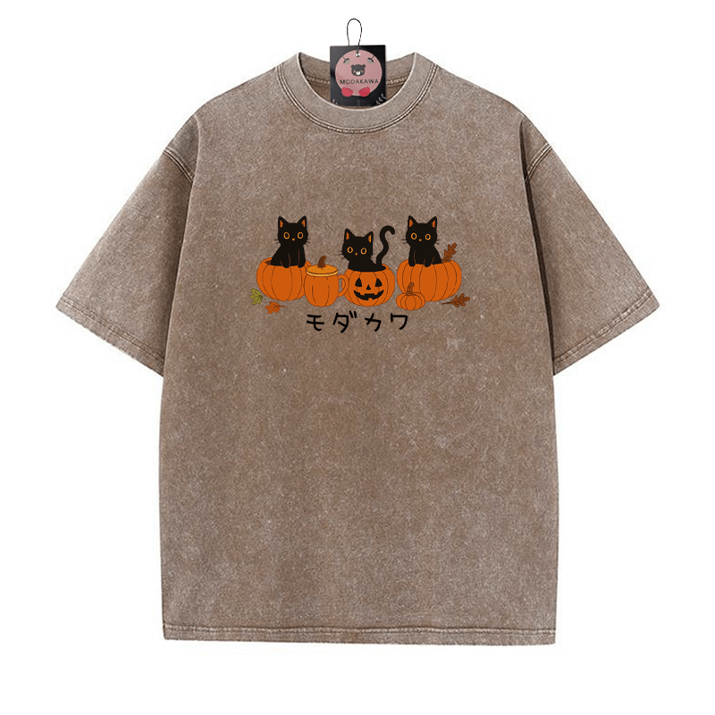Schwarze Katze auf Kürbistasse Grafik Unisex Vintage Washed T-Shirt - Braun - 5XL - image 4