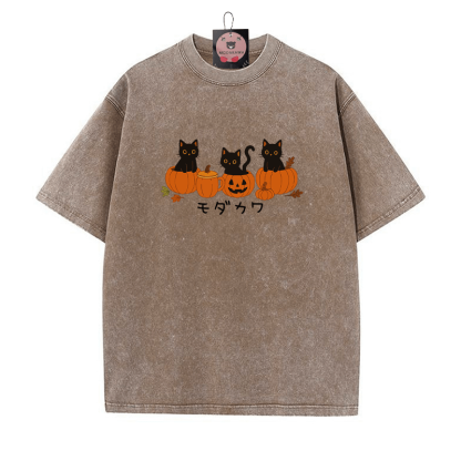 Schwarze Katze auf Kürbistasse Grafik Unisex Vintage Washed T-Shirt - Braun - 5XL - image 4