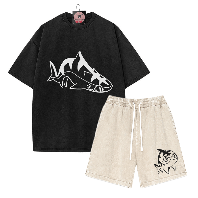 T-Shirt mit Goofy-Pupfish-Grafik und verwaschenen Vintage-Shorts, zweiteiliges Set - Black&Apricot - 3XL - image 5