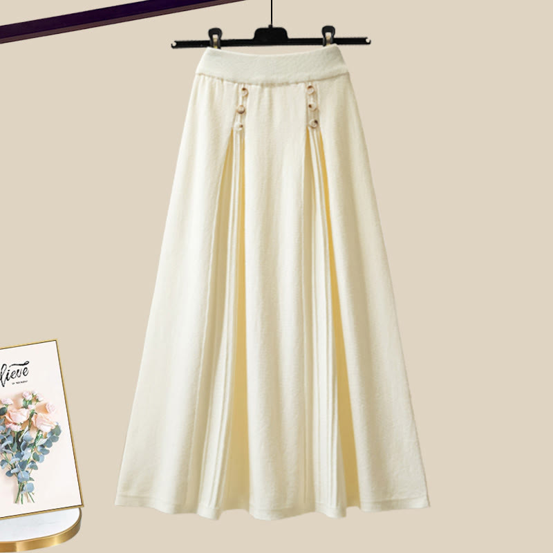 Strickjacke mit Schleife, passender Pullover und Rock - Beige Skirt - XL - image 8