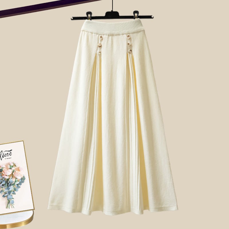 Strickjacke mit Schleife, passender Pullover und Rock - Beige Skirt - XL - image 8