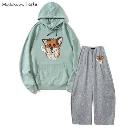 MODAKAWA X atka Fox Smoking Graphic Hoodie Wide Leg Pants Zweiteiliges Set - Green&Dark Grey - 5XL - image 6