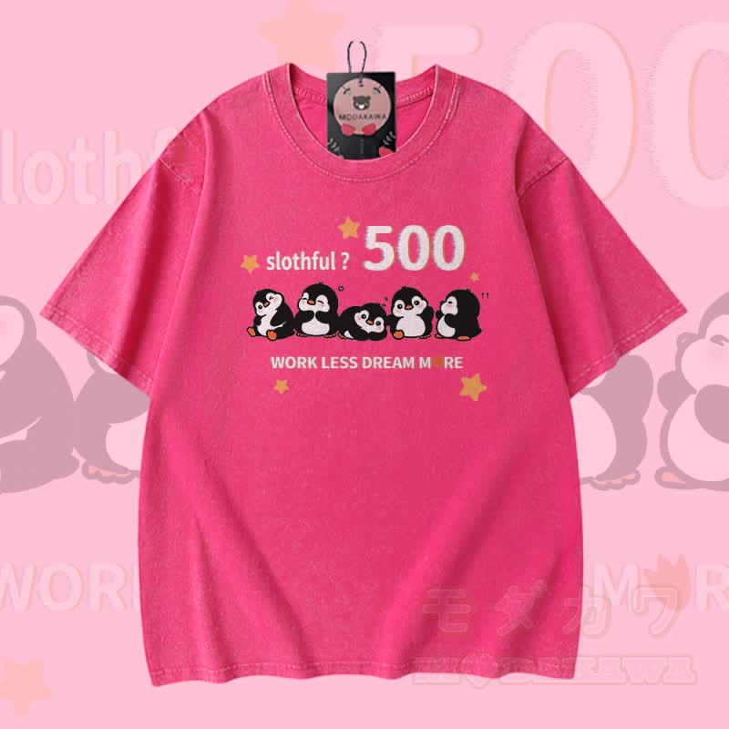 Faulpelz 500 Pinguin Grafik Modakawa Vintage gewaschenes T-Shirt aus 100% Baumwolle - Rosenrot - 5XL - image 4