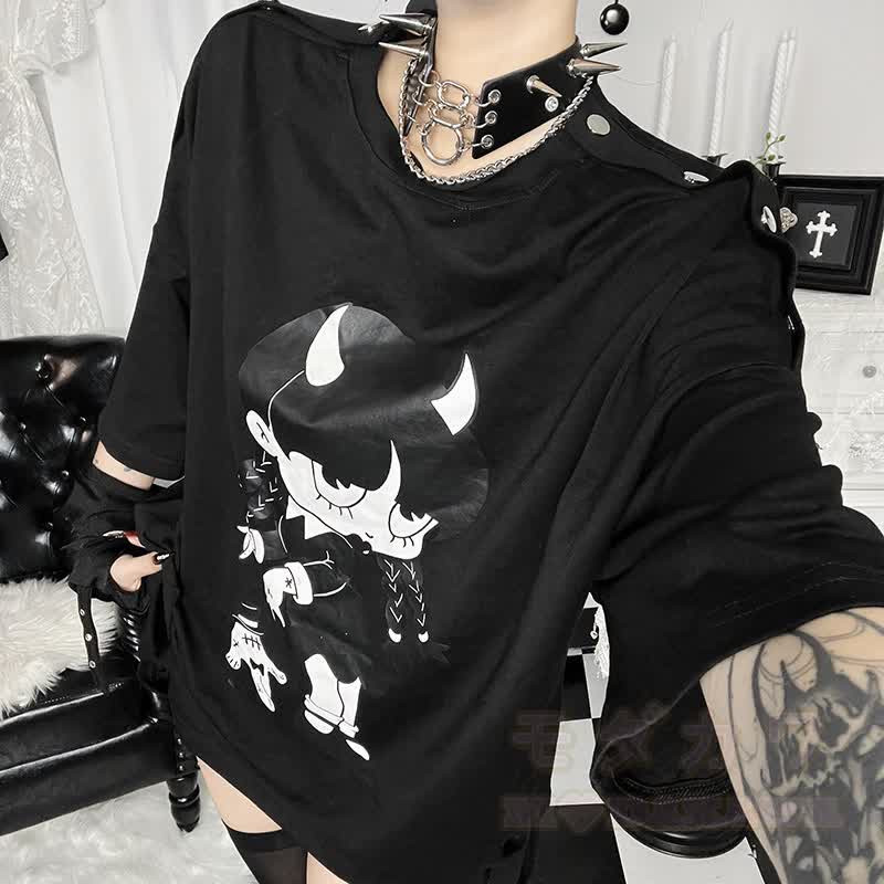 Süßes Kawaii-Teufelsmädchen-Print, Oversize-T-Shirt mit schulterfreiem Oberteil und kurzen Ärmeln - image 4