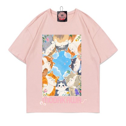 Kitty Crowd Watching Letter Print Modakawa T-Shirt - Pink - 5XL - image 3