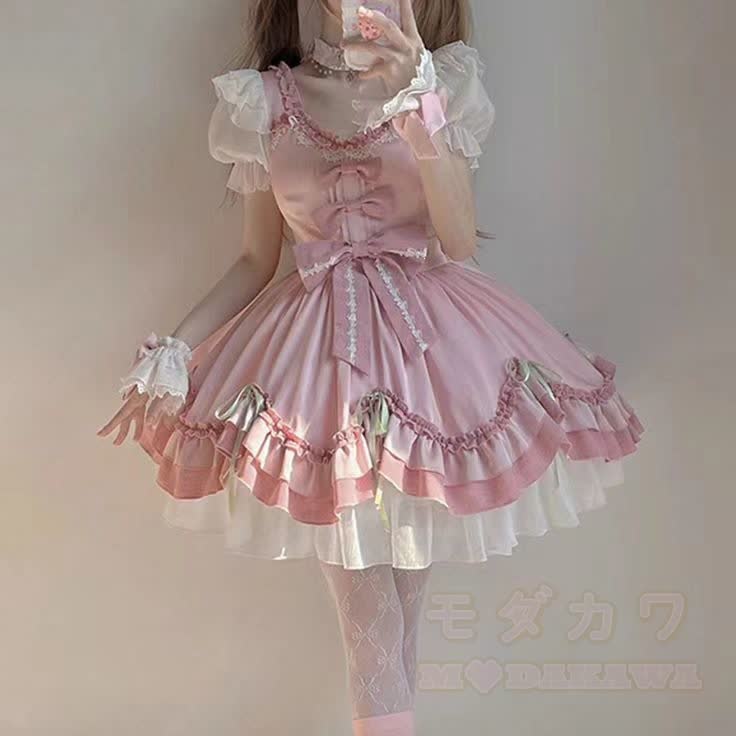 Rosa Sweet Lolita Minikleid mit Schleife, Spitze und Rüschen für Damen - Rosa - XL - image 4