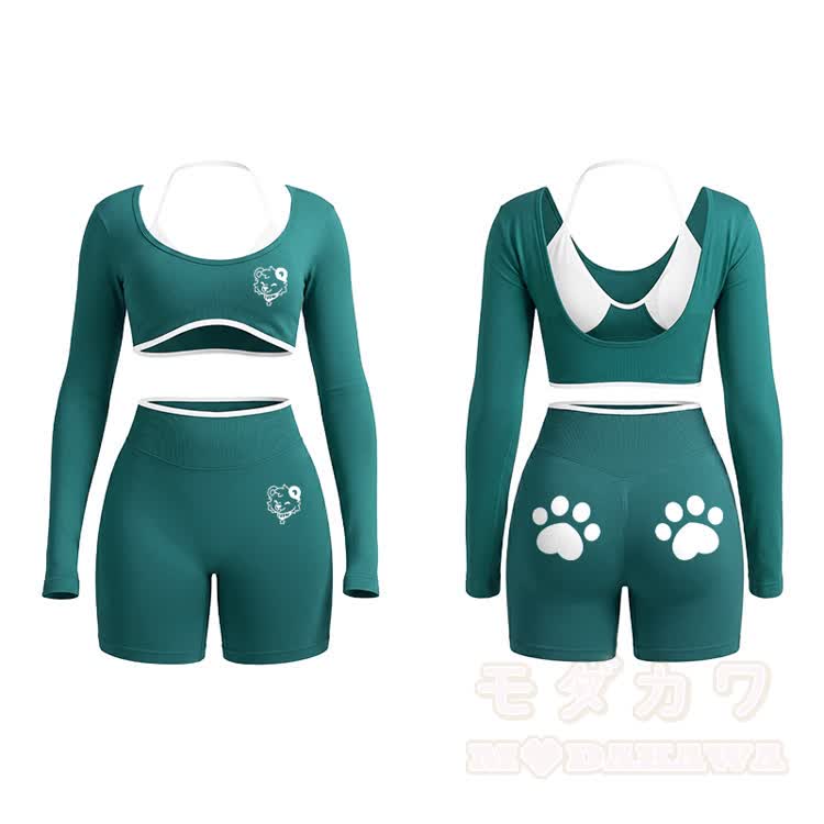Bear Graphic Tight Long Sleeve Yoga Top & Shorts Set - Green - XL - image 6