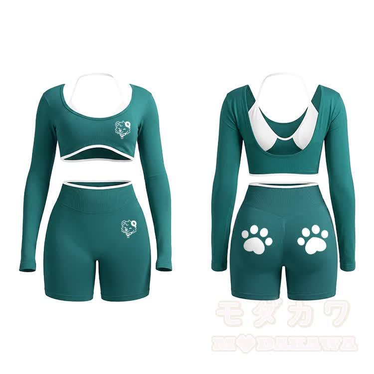 Bear Graphic Tight Long Sleeve Yoga Top & Shorts Set - Green - XL - image 6