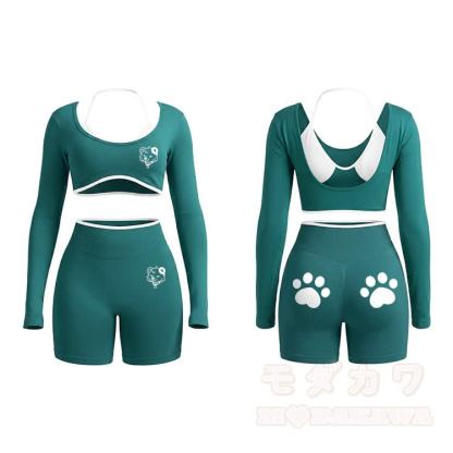 Bear Graphic Tight Long Sleeve Yoga Top & Shorts Set - Green - XL - image 6