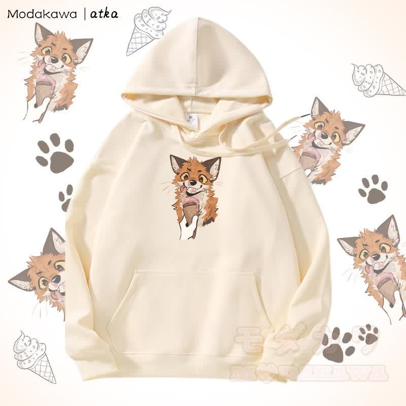 Kapuzenpullover mit Fleecefutter und Fuchs-Eiscreme-Grafik - Beige - 5XL - image 3