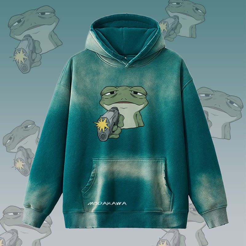MODAKAWA Hoodie mit Frosch-und-Pistolen-Motiv im Vintage-Look, gefüttert mit Fleece - Green - 2XL - image 3