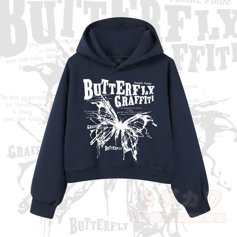 MODAKAWA BUTTERFLY GRAFFITI Cropped Cotton Hoodie - Marineblau - 3XL - image 10