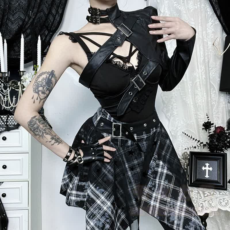 Vintage Punk Crop-Top aus Kunstleder mit passendem Karorock, zweiteiliges Set - image 4