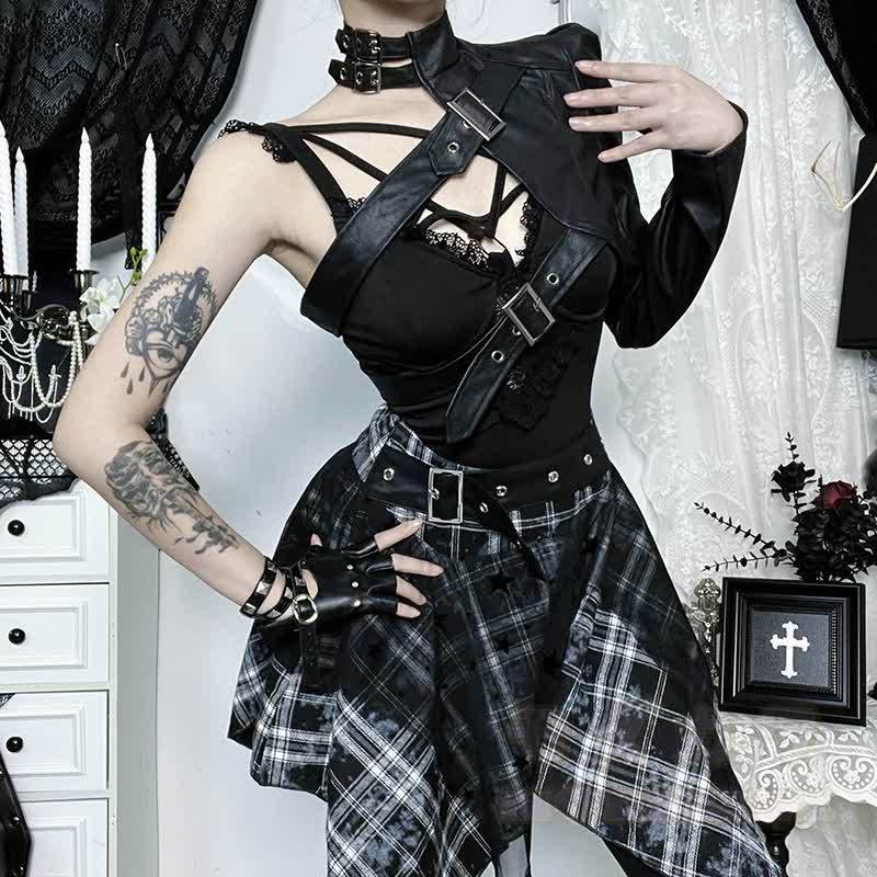 Vintage Punk Crop-Top aus Kunstleder mit passendem Karorock, zweiteiliges Set - image 4