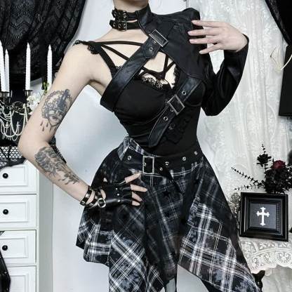 Vintage Punk Crop-Top aus Kunstleder mit passendem Karorock, zweiteiliges Set - image 4