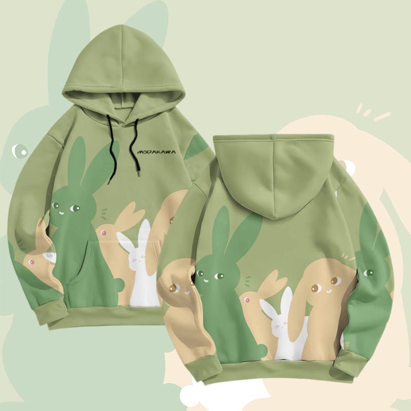 MODAKAWA Pullover-Hoodie mit pastellfarbenem Hasenmotiv und Allover-Print - Green - 8XL - image 3