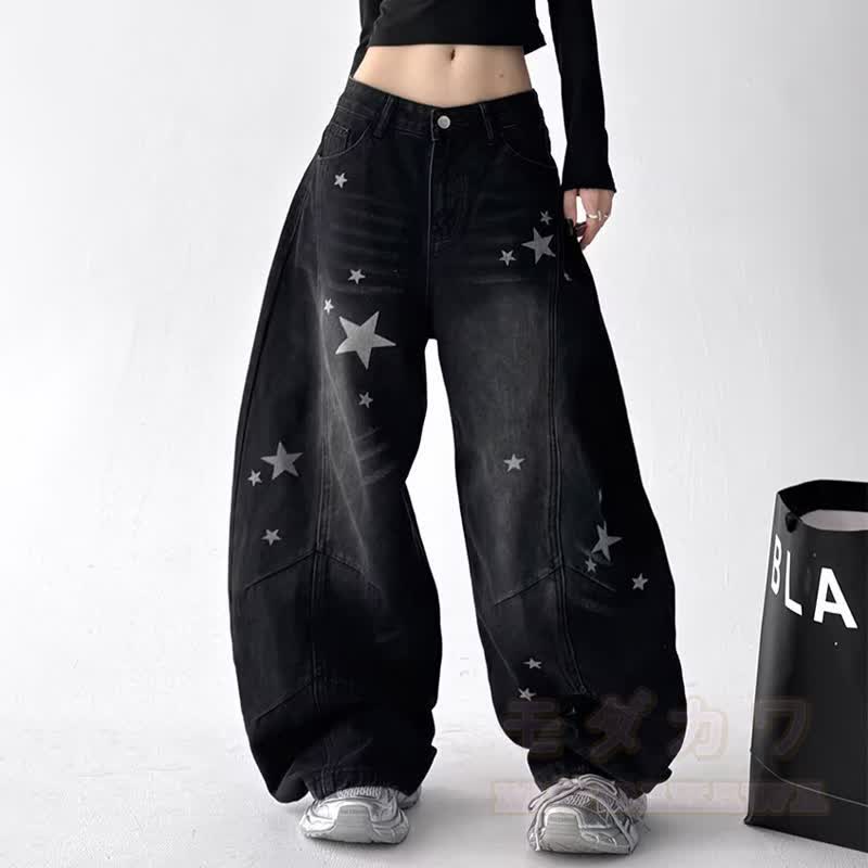 Zweiteiliges Set aus Vintage-Sweatshirt mit Katzenprint, schulterfreiem Oberteil und Jeans mit Sternenpatches - Hose - 3XL - image 5