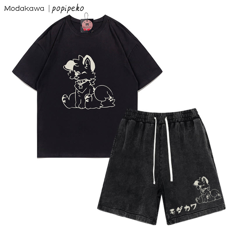 T-Shirt mit Welpen-Grafik und verwaschenen Vintage-Shorts, zweiteiliges Set - Black - 3XL - image 7