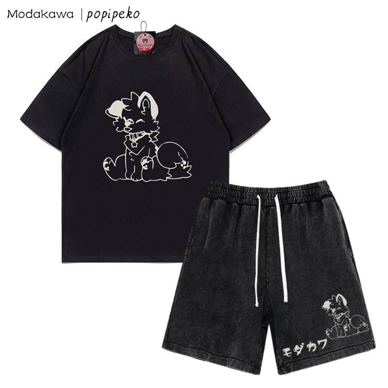 T-Shirt mit Welpen-Grafik und verwaschenen Vintage-Shorts, zweiteiliges Set - Black - 3XL - image 7