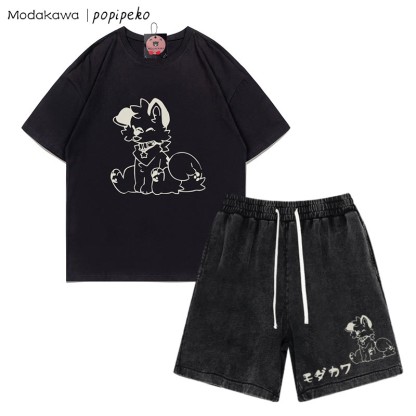 T-Shirt mit Welpen-Grafik und verwaschenen Vintage-Shorts, zweiteiliges Set - Black - 3XL - image 7