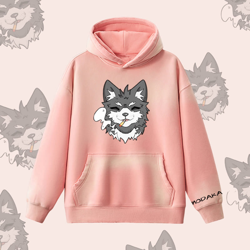 MODAKAWA Kapuzenpullover mit Raucherwelpen-Motiv, Vintage-Waschung, Fleece-Futter - Pink - 2XL - image 8