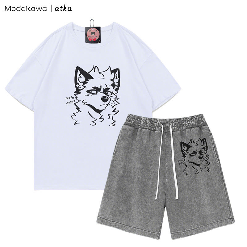 MODAKAWA X atka Cheeky Fox Grafik-T-Shirt Vintage Washed Shorts Zweiteiliges Set - White&Grey - 3XL - image 8