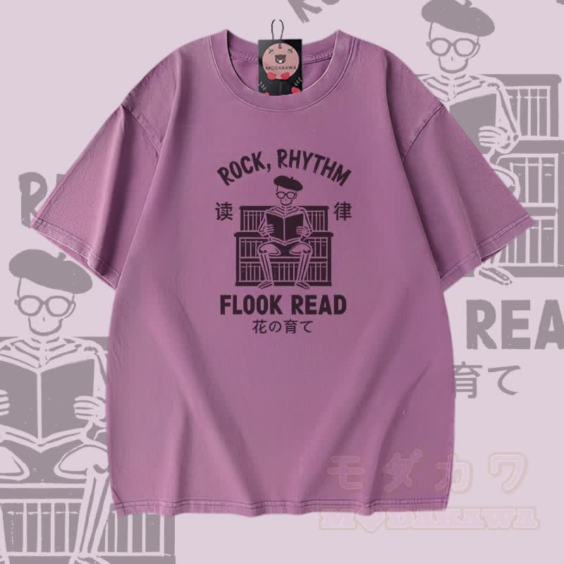 ROCK RHYTHM FLOOK READ Skeleton Graphic Modakawa Vintage Washed 100% Cotton T-shirt - Lila - 5XL - image 4